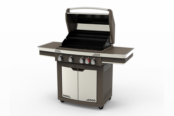 Case-Study-Keesung-gas-grill-barbecue Modern outdoor gas grill with open lid and stainless‑steel storage cabinet.