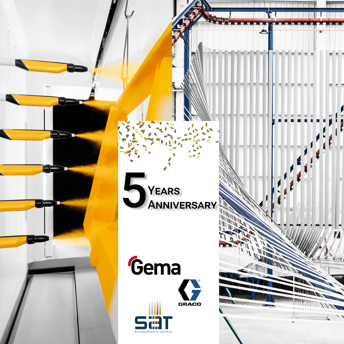 Picture of a Gema Product and a SAT Product with the Text 5 years anniversary.