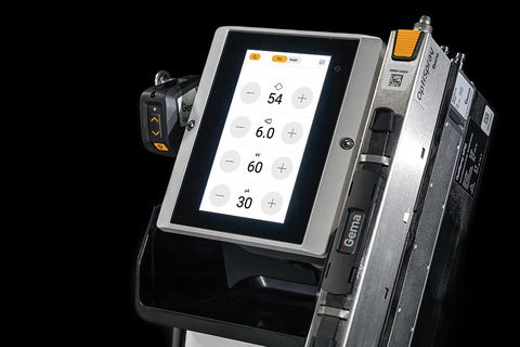 Gema OptiStar Pro X control unit with integrated touchscreen interface for intuitive control and monitoring of electrostatic powder coating processes.