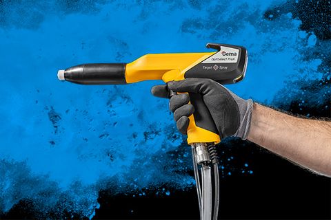 OptiSelect ProX manual powder coating gun Electrostatic powder coating with OptiFlex ProX powder coating gun, demonstrating precise powder application, high transfer efficiency and consistent industrial coating quality.