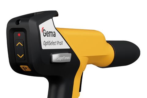 Remote Control with PowerClean Gema OptiSelect ProX manual powder coating gun with integrated digital control unit for precise electrostatic powder application in industrial coating processes.