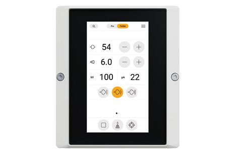 Gema OptiStar Pro X control unit in preset mode with touchscreen interface for quick setup and optimized electrostatic powder coating parameters.
